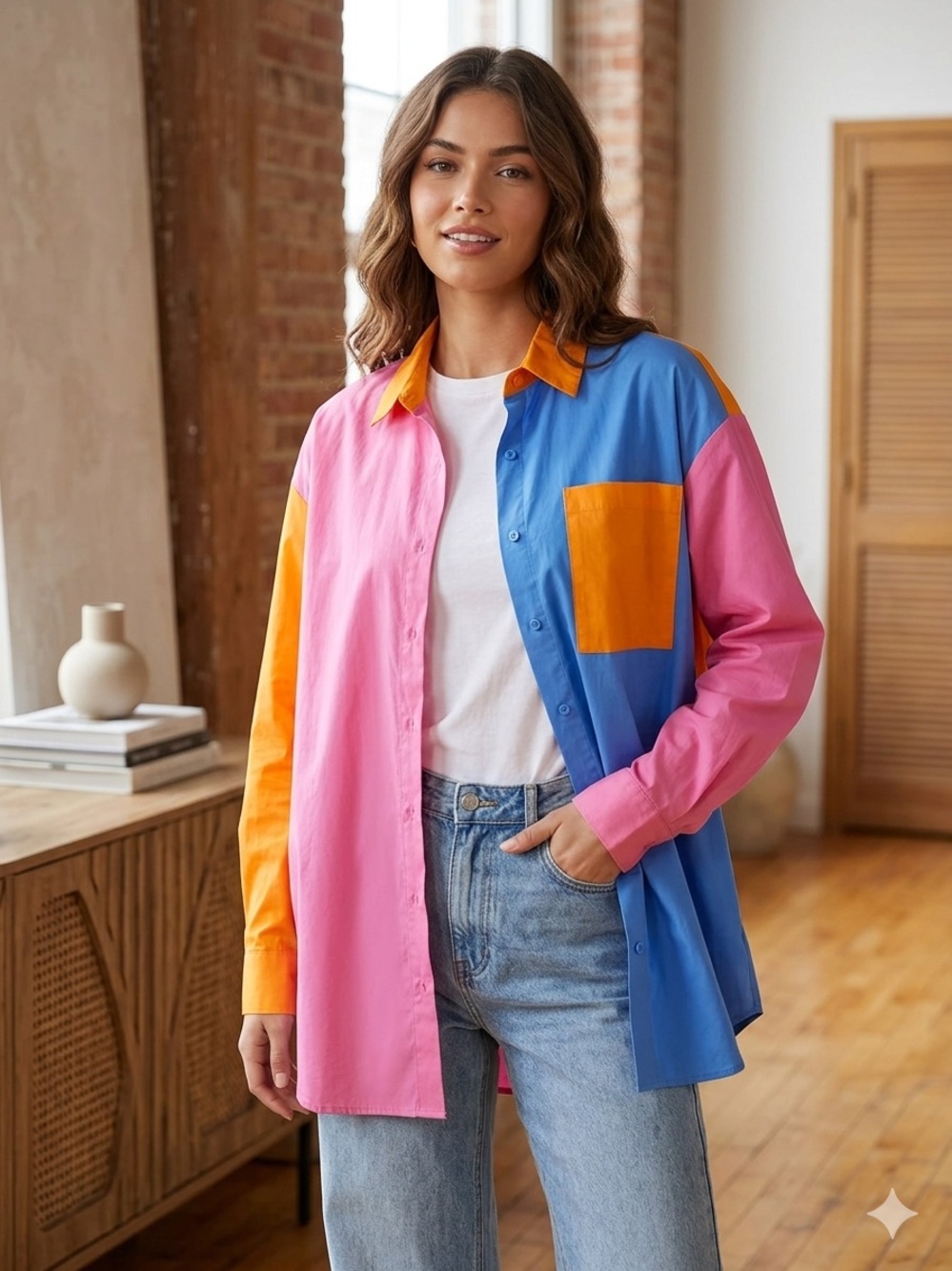 NWT It's Fashion Women's Color Block Shirt Pink Blue Orange M 100% Cotton